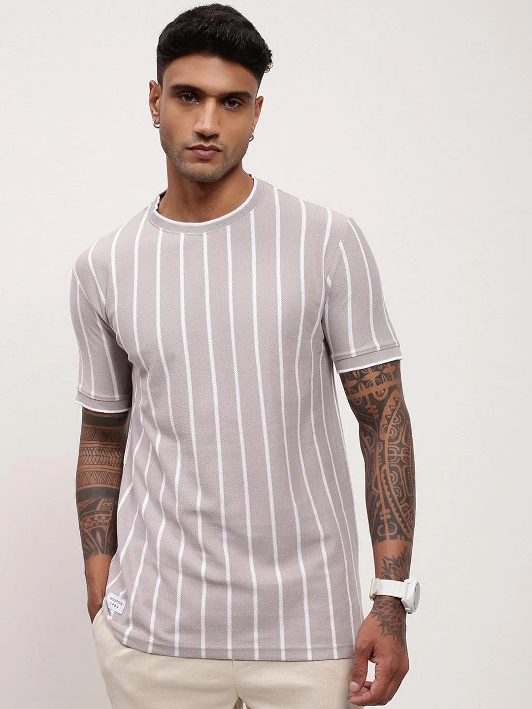 Men's Grey Striped Round Neck Cotton T-Shirt fit test comfortable for standing