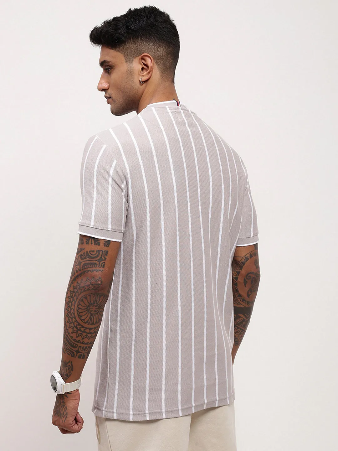Men's Grey Striped Round Neck Cotton T-Shirt product neutral versatility Classic Active
