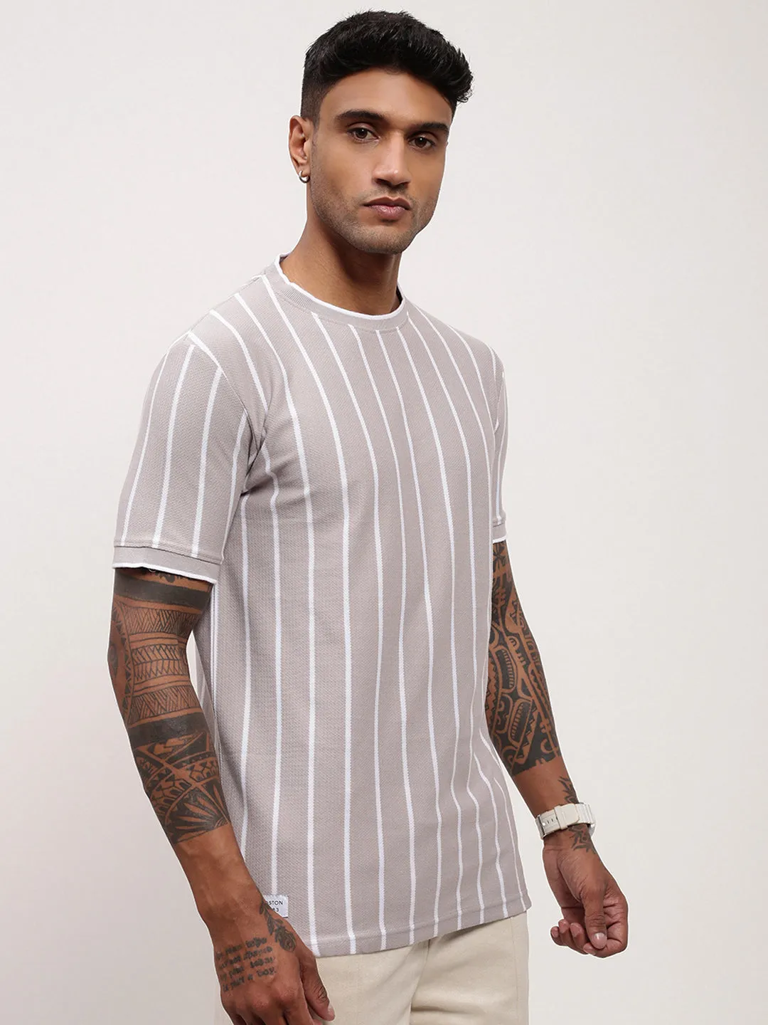 product twill durability Product Innovation Men's Grey Striped Round Neck Cotton T-Shirt