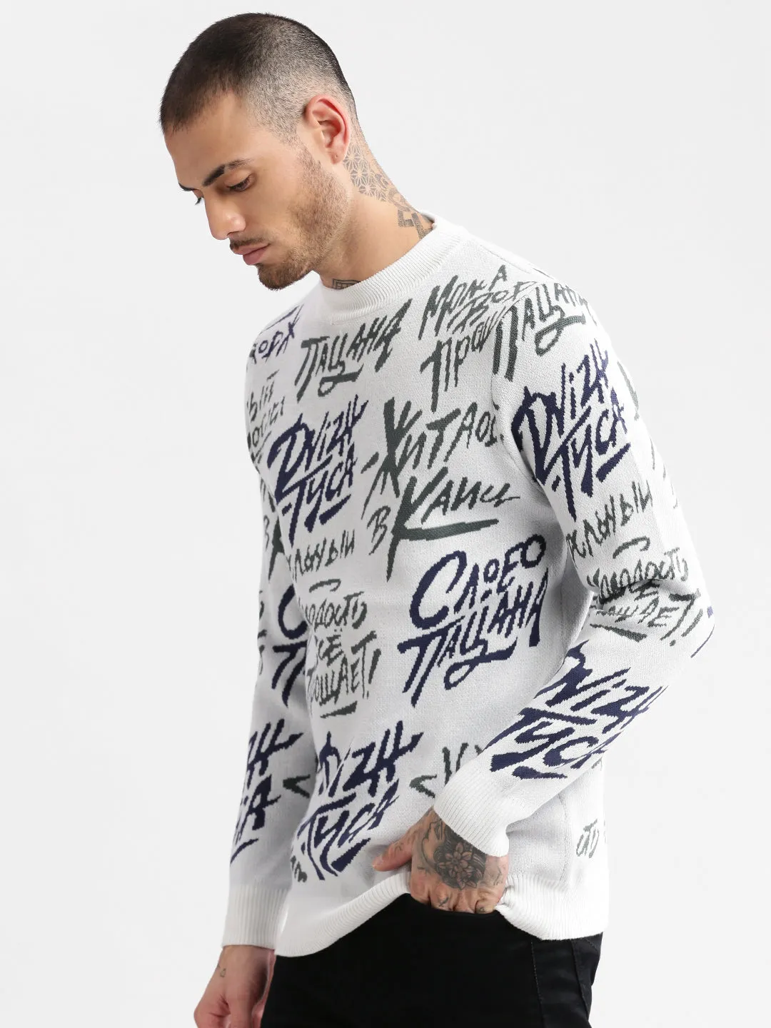 Men's Grey Typography Printed Acrylic Pullover Sweater UVProtective Knit Density
