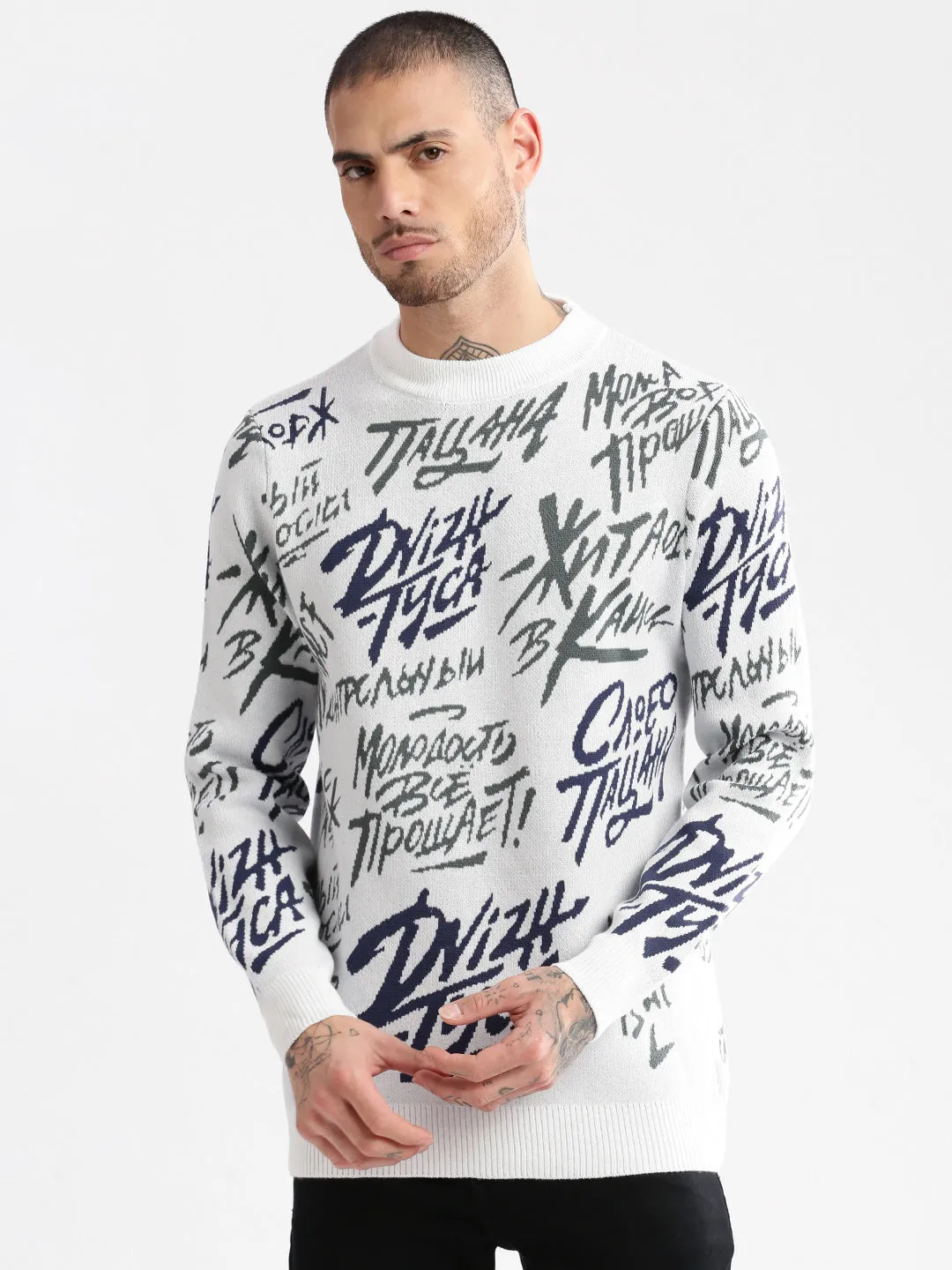 Men's Grey Typography Printed Acrylic Pullover Sweater Indoor Layer NonRestrictive Cuff