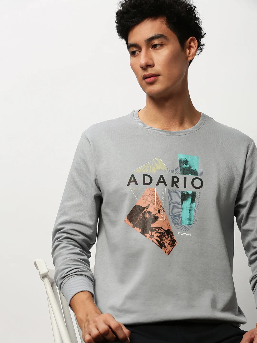 Adult Size Men's Grey Typography Printed Long Sleeves Cotton Terry Pullover Sweatshirt