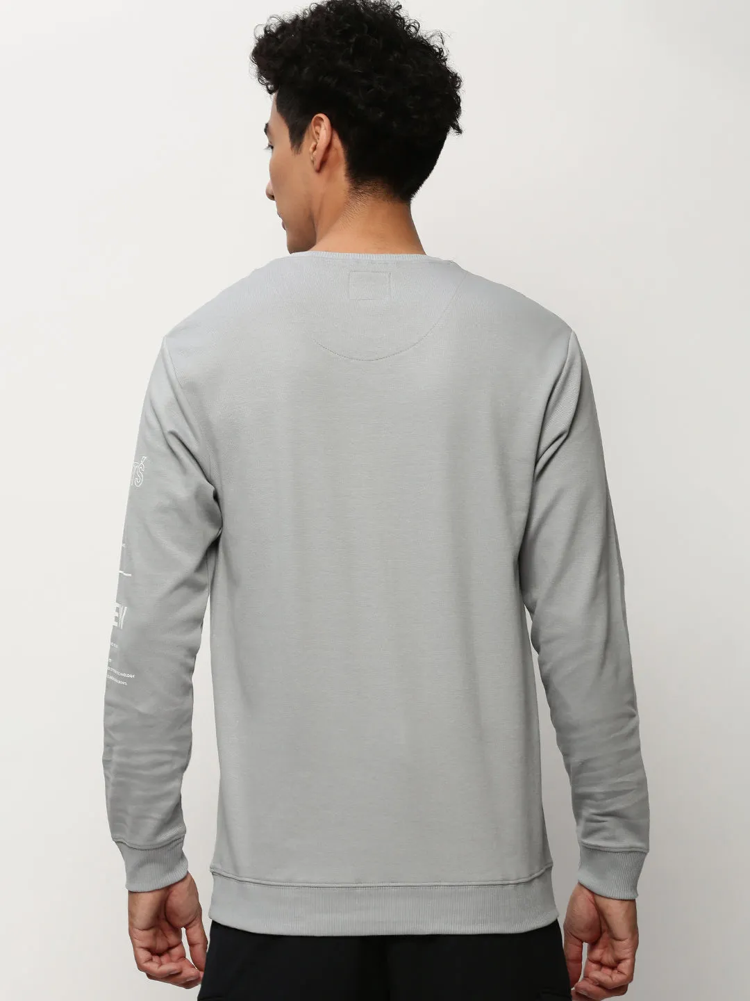 Warm Top Trendy Outerwear Men's Grey Typography Printed Long Sleeves Cotton Terry Pullover Sweatshirt