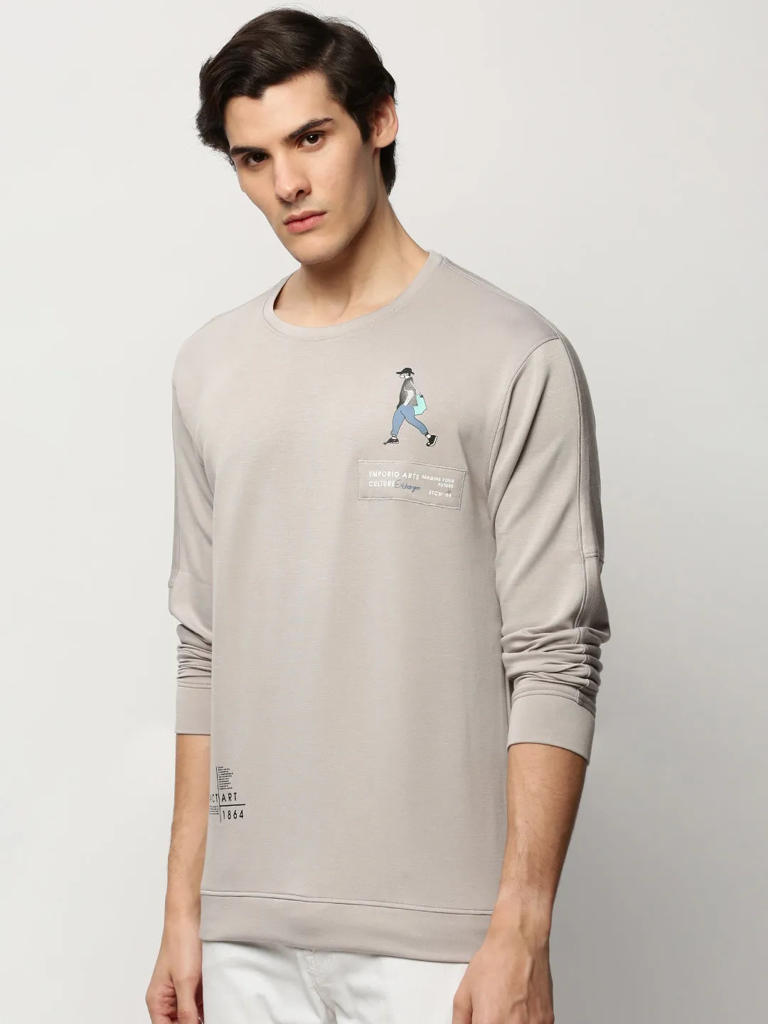Cozy Style Brand Reputation Men's Grey Typography Printed Pullover Cotton Sweatshirt