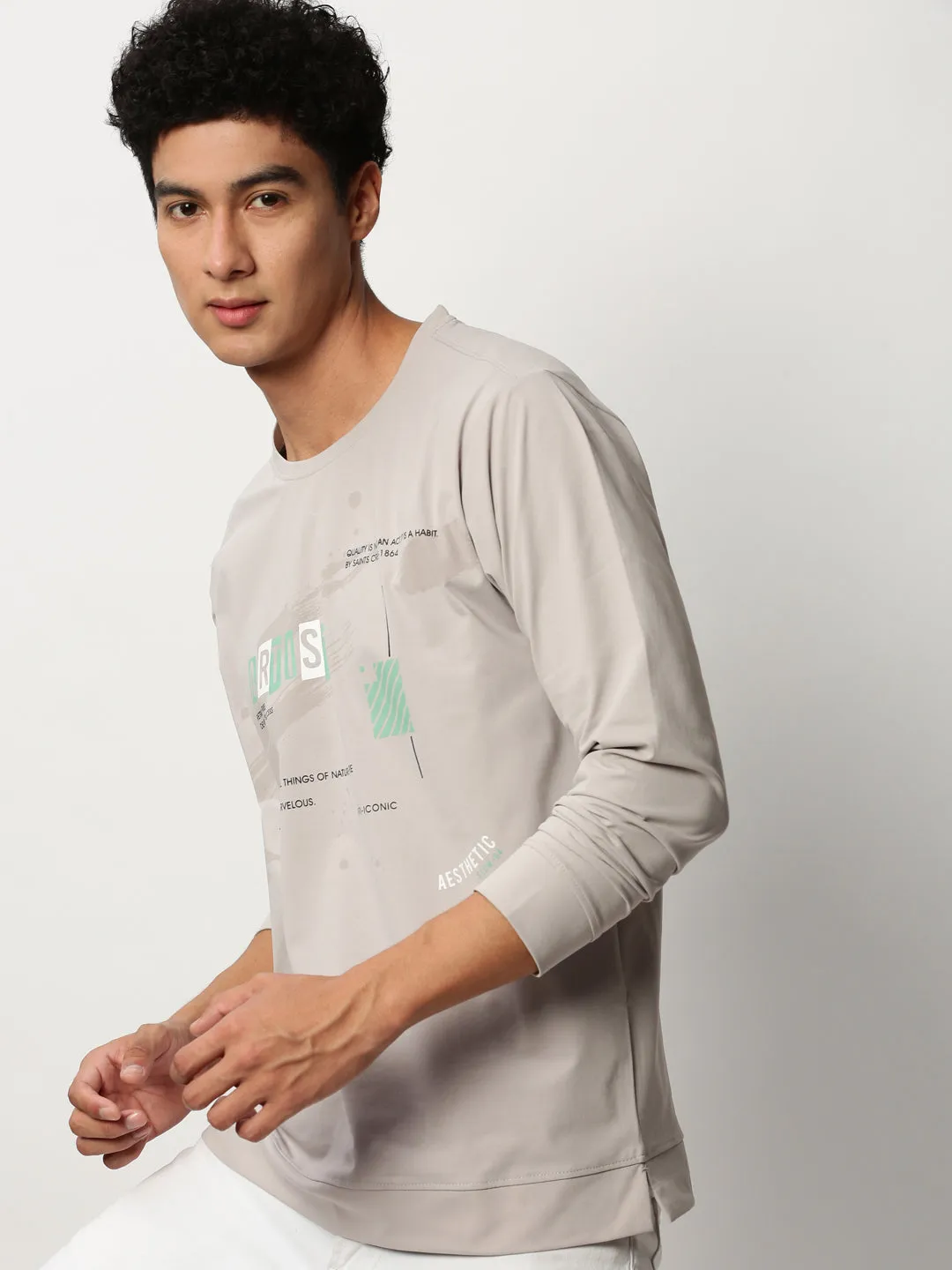 Men's Grey Typography Printed Pullover Cotton Sweatshirt Basic Wear