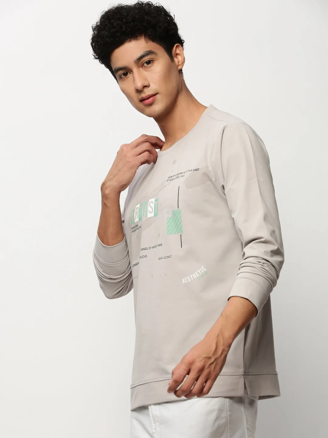 right for spring Men's Grey Typography Printed Pullover Cotton Sweatshirt