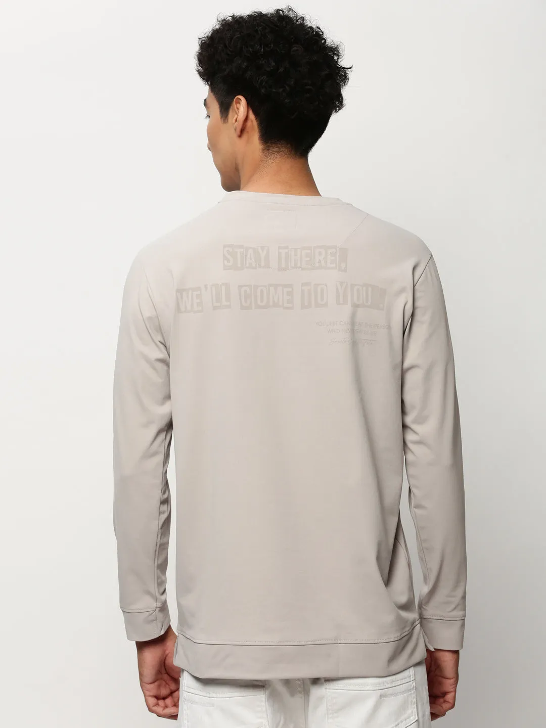 Men's Grey Typography Printed Pullover Cotton Sweatshirt Trendy embroidery accents