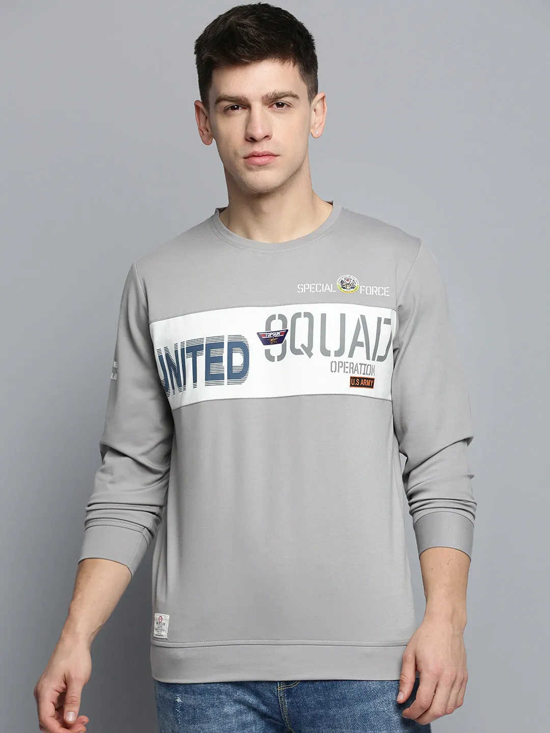 Men's Grey Typography Printed Pullover Sweatshirt full sleeve
