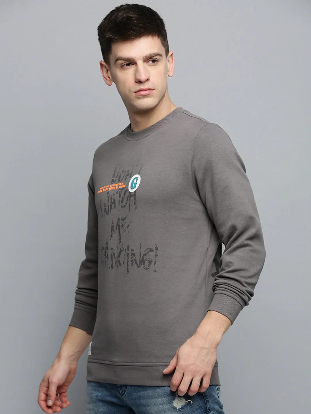 Men's Grey Typography Printed Pullover Sweatshirt Warm Outfit Yoga wear