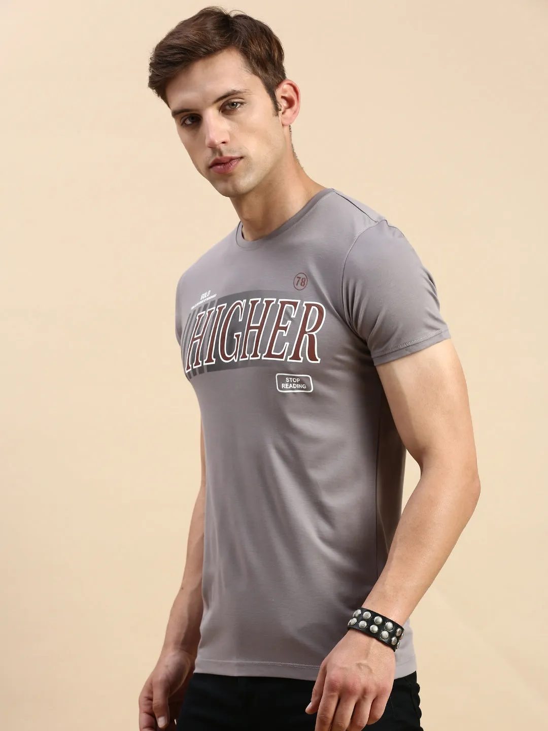 product sale Men's Grey Typography Printed Slim Fit T-shirt
