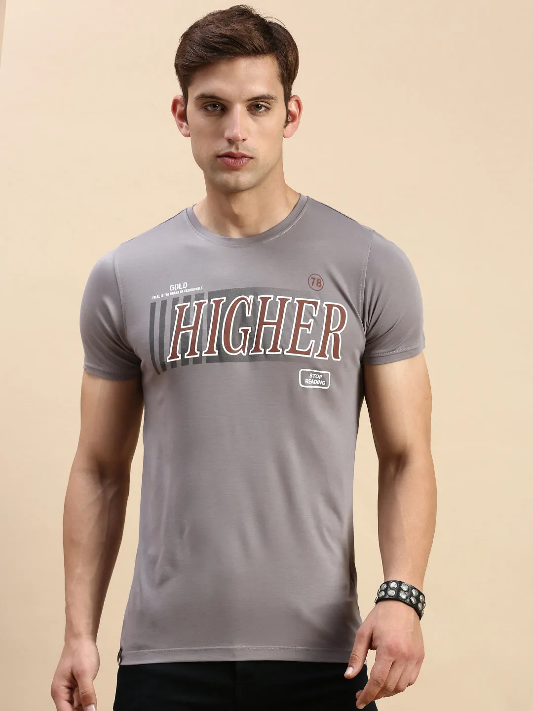Men's Grey Typography Printed Slim Fit T-shirt product vacation wearability Daily Sporty