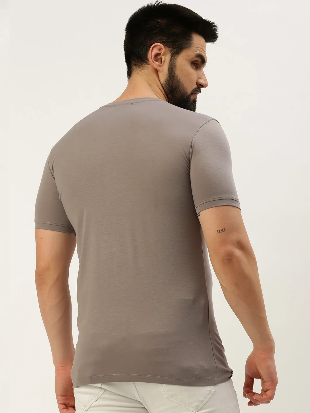 Anti-static Men's Grey Typography Printed Slim Fit T-shirt