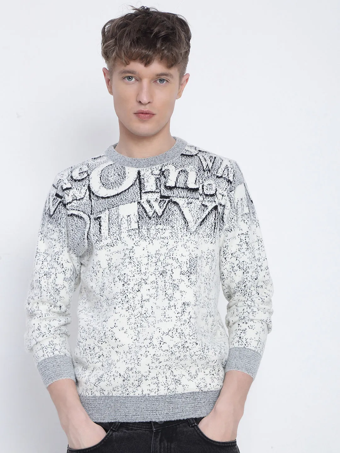 Men's Grey Typography Sweater Work Friendly DoubleLayered Hem Technology
