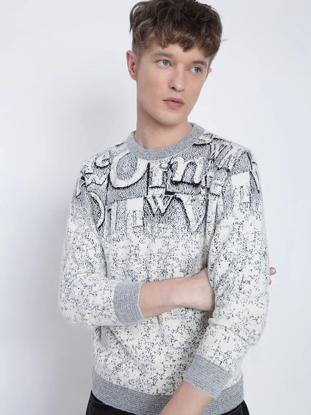 Men's Grey Typography Sweater Brushed Inner Lining Home Layer