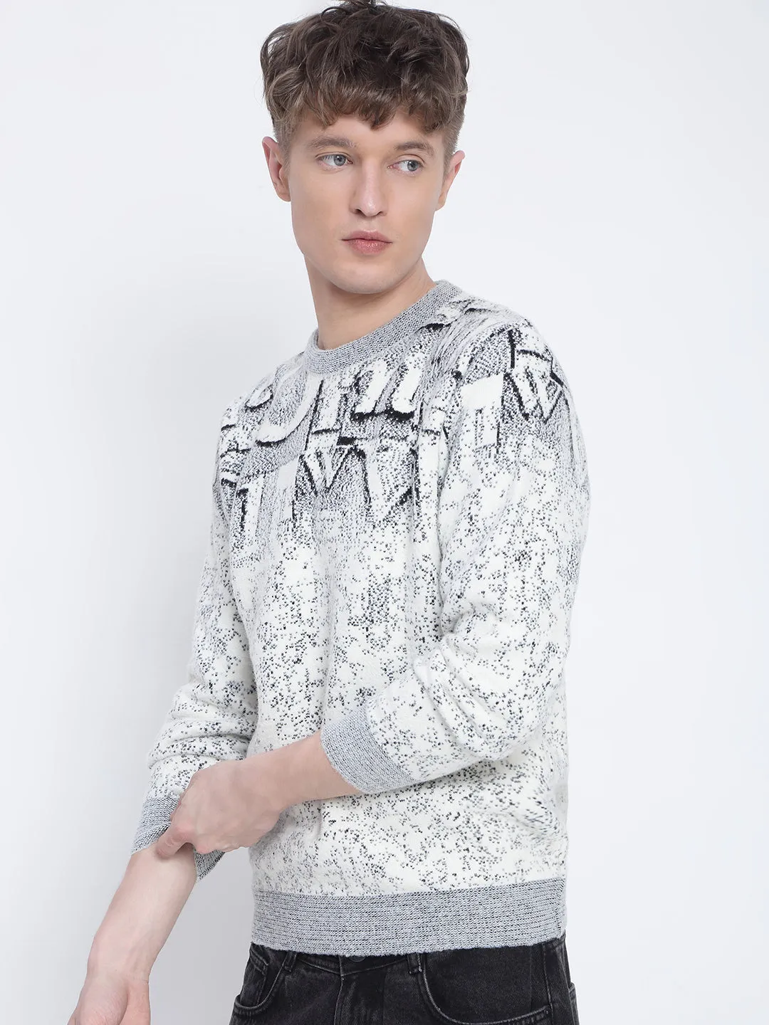 Men's Grey Typography Sweater TemperatureRegulating Fabric Daywear Fit