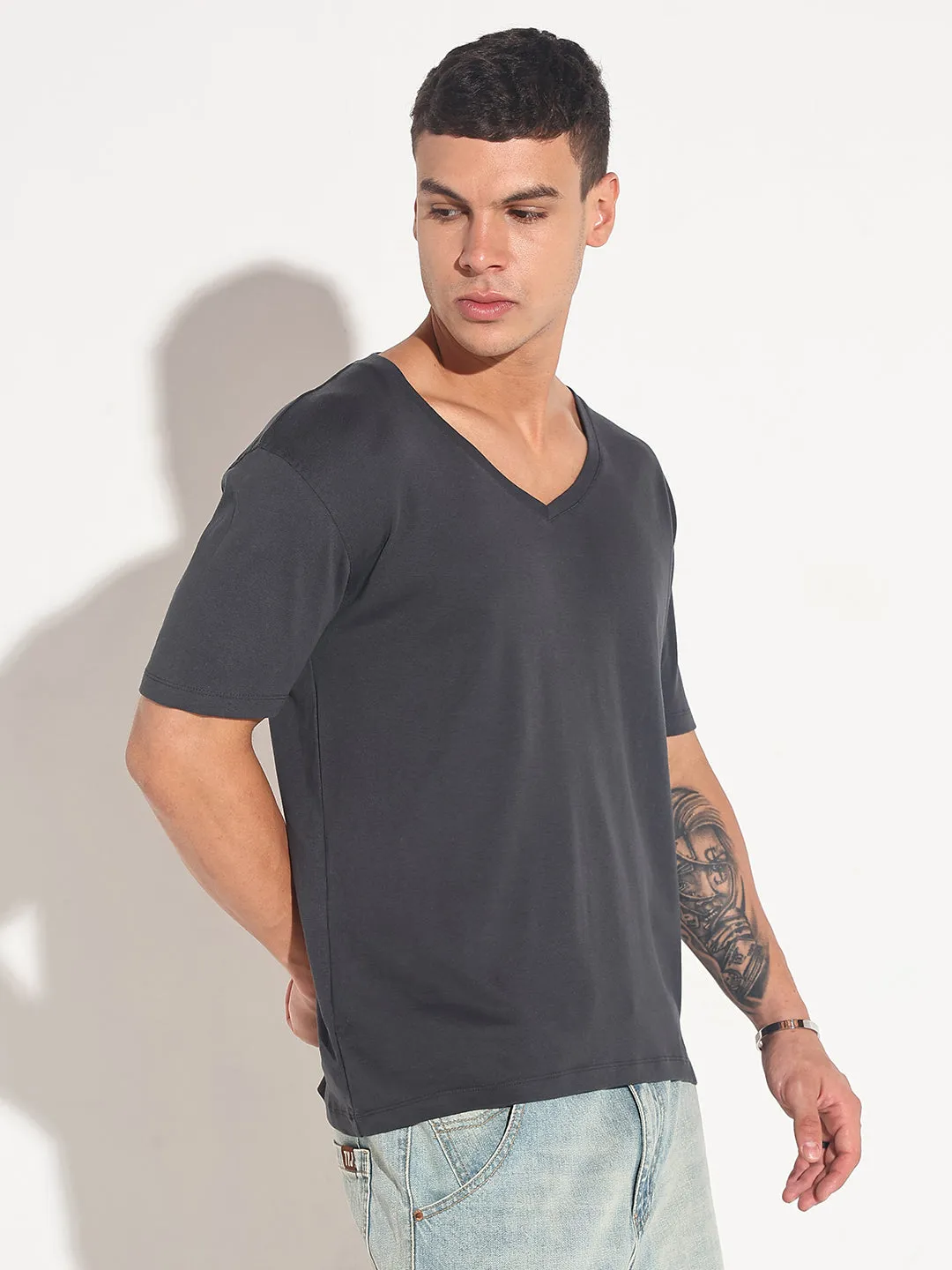 Men's Grey V-Neck Regular Fit T-Shirt Wild Mood
