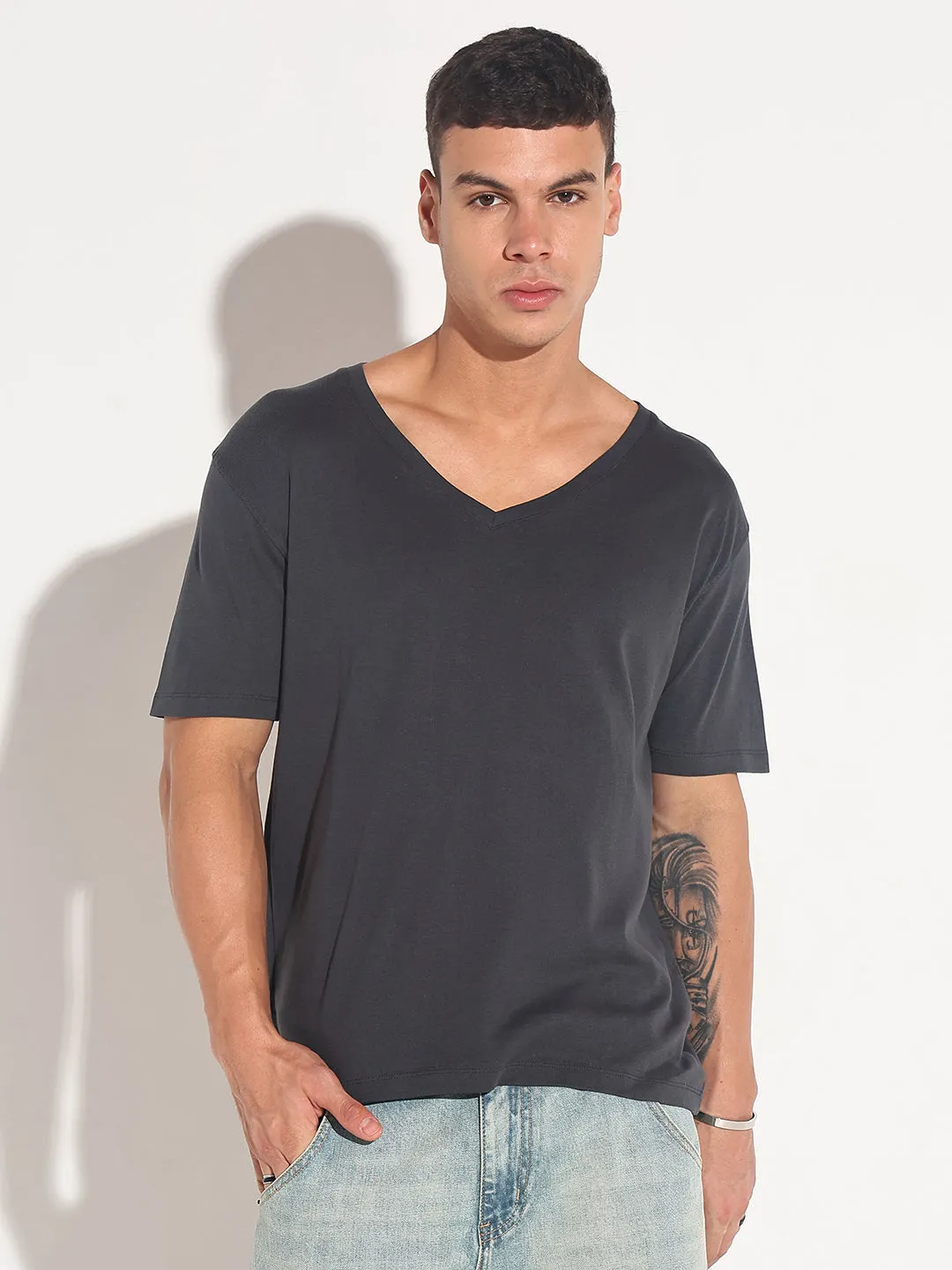 City Casual Men's Grey V-Neck Regular Fit T-Shirt