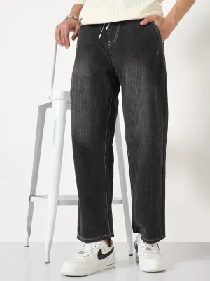 Comfortable Appearance Men's Grey Washed Straight Fit Drawstring Jeans