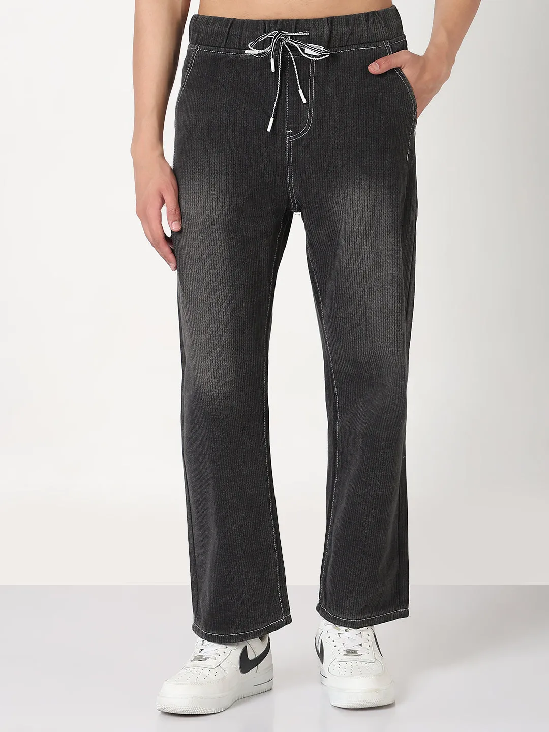 Couple Look Eco Friendly Formal City Walk Party Look Men's Grey Washed Straight Fit Drawstring Jeans