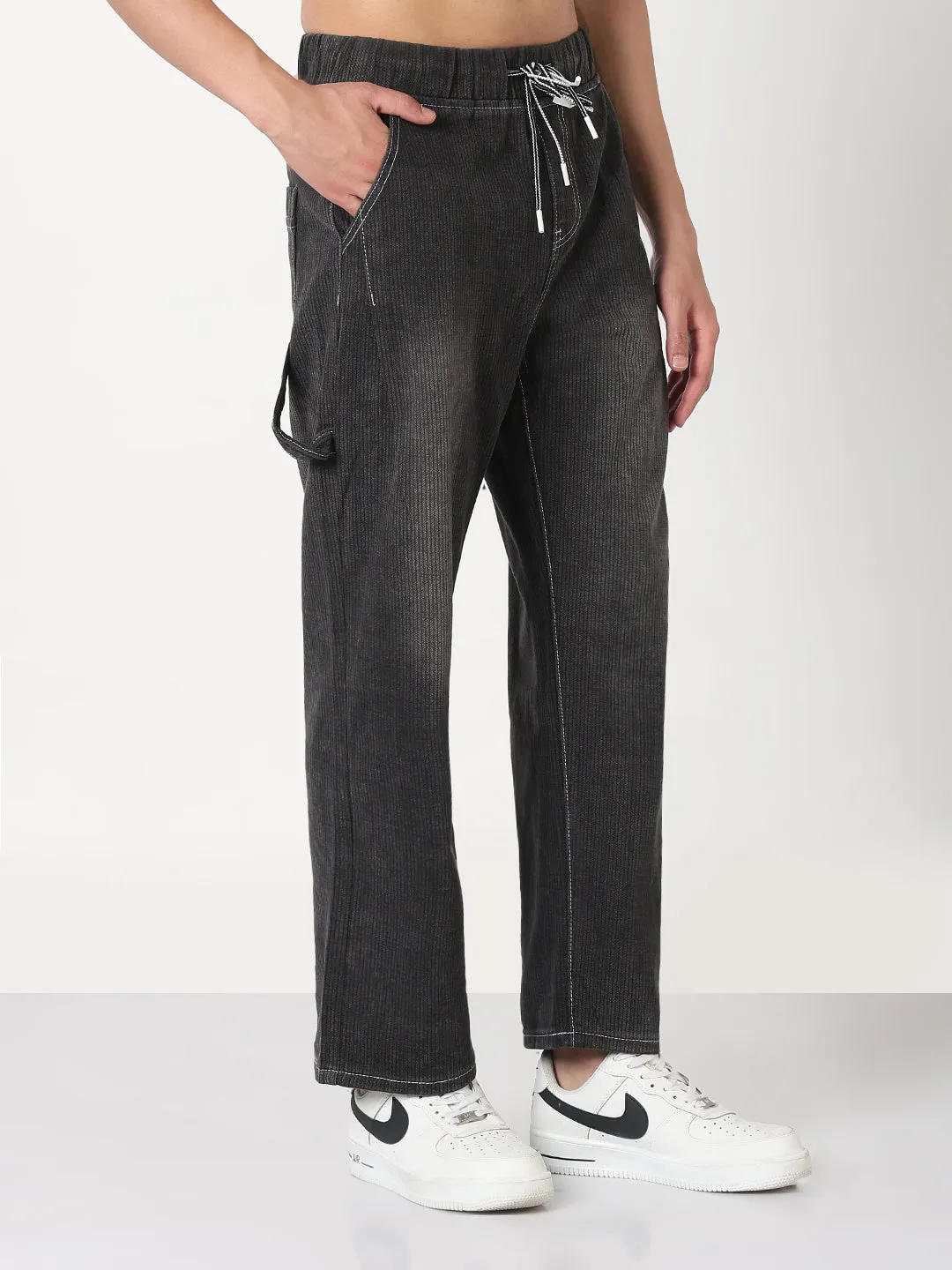 Men's Grey Washed Straight Fit Drawstring Jeans Durable Hardware Balanced Fit