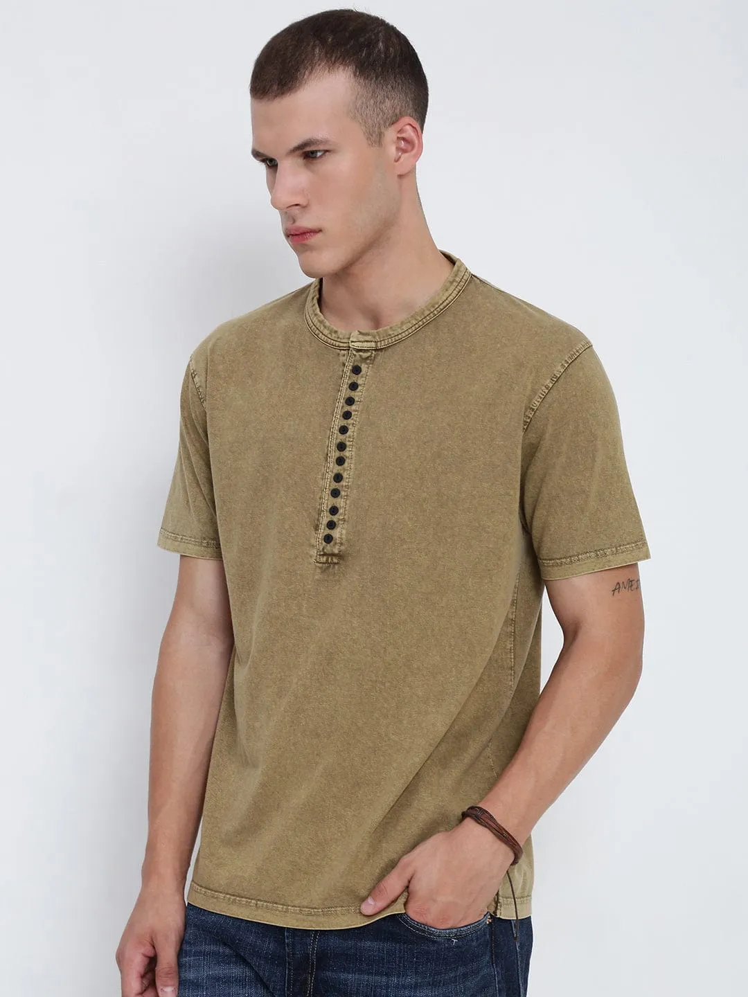 product water resistant protection Men's Khaki Henley Collar Slim Fit T-Shirt