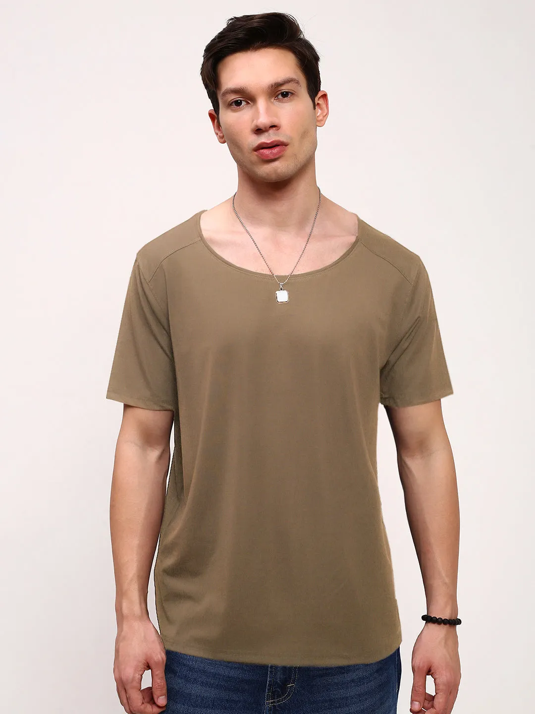 Men's Khaki Round Neck Slim Fit T-Shirt ribbon accents Snug Wear