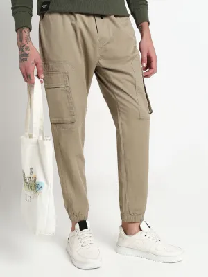 No Ride Men's Khaki Solid Cargo Joggers