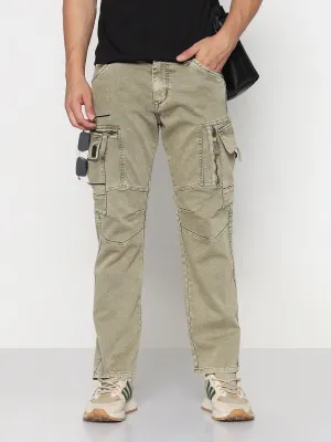 Stylish Touch Reliable Basic Men's Khaki Straight Fit Cargo Jeans with Zipper Detailing