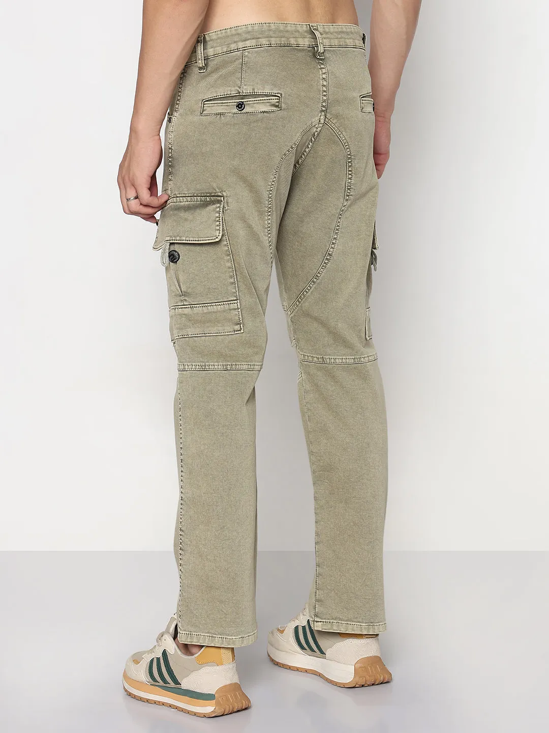 Men's Khaki Straight Fit Cargo Jeans with Zipper Detailing Slim Family Style Daily Wear
