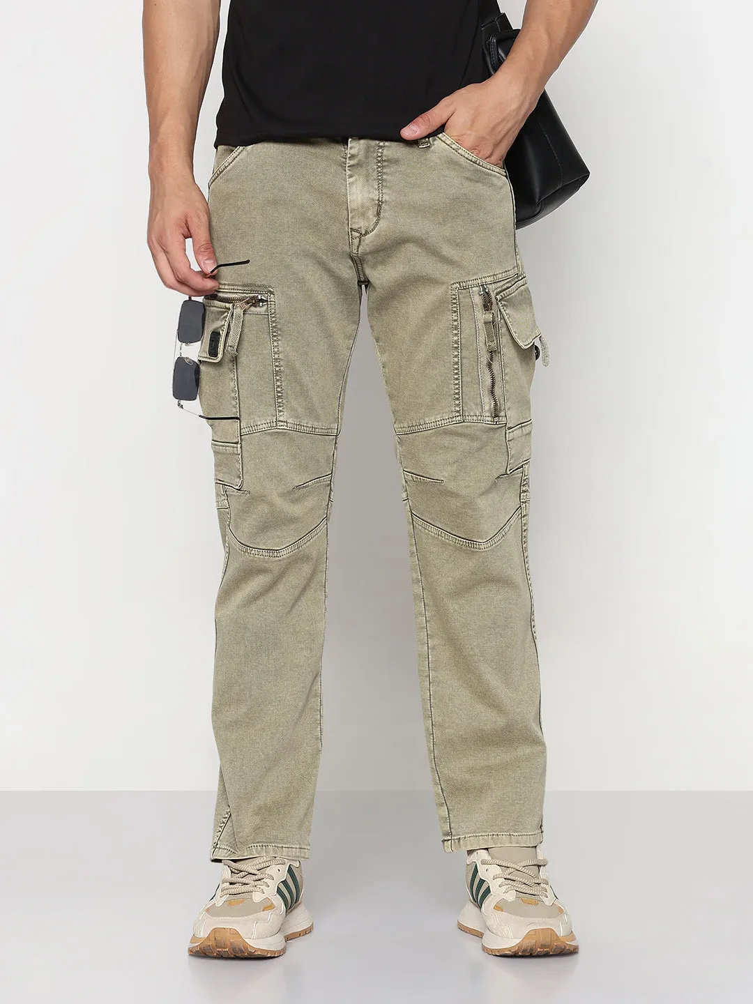 Stylish Touch Reliable Basic Men's Khaki Straight Fit Cargo Jeans with Zipper Detailing