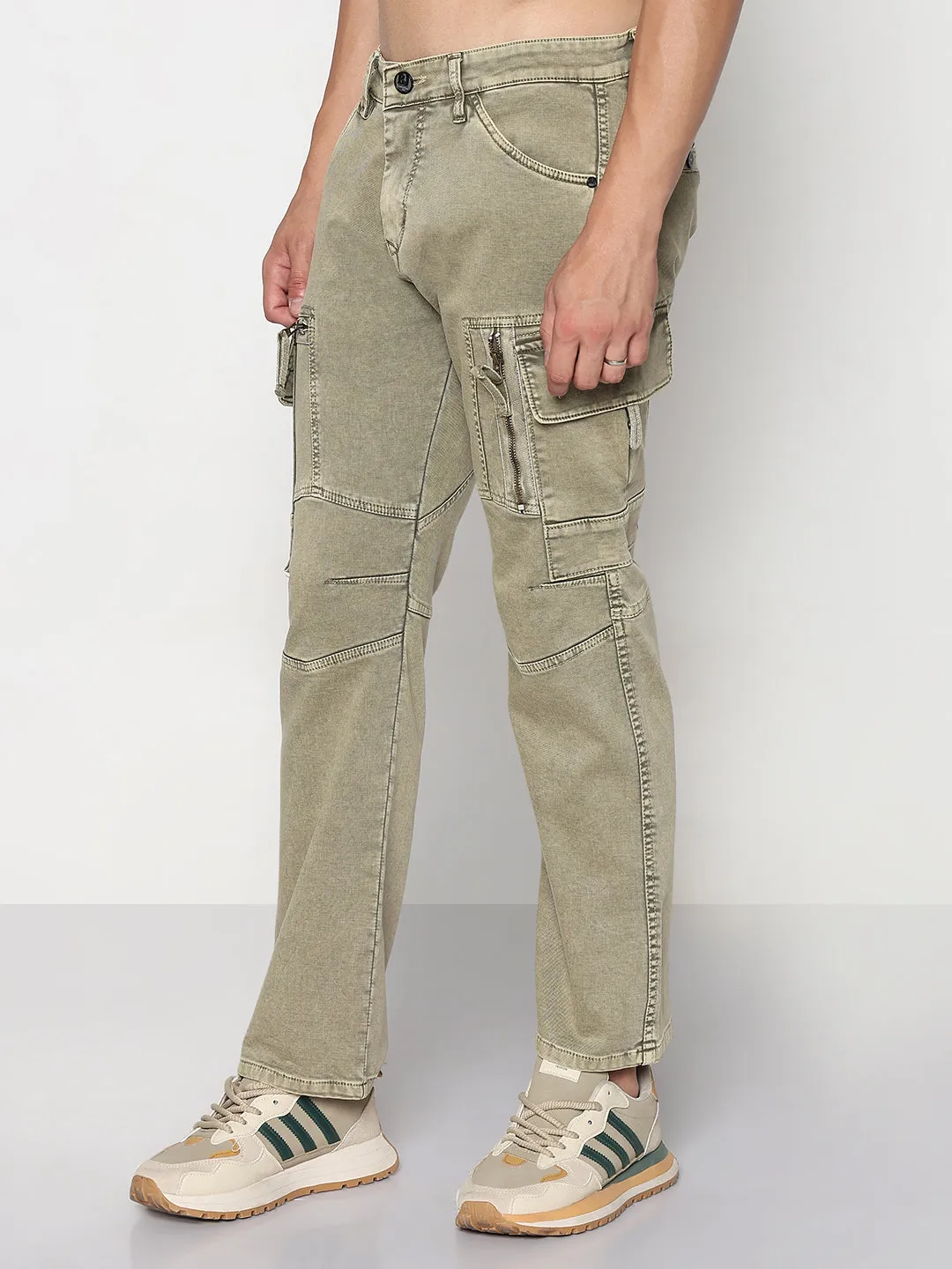 Men's Khaki Straight Fit Cargo Jeans with Zipper Detailing Daily Essentials Light Outfit