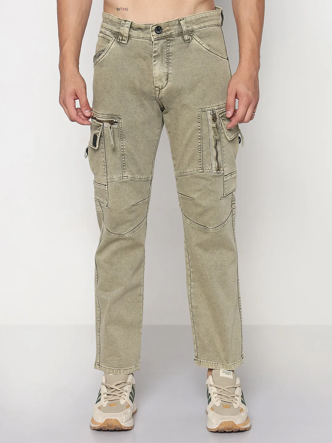 Men's Khaki Straight Fit Cargo Jeans with Zipper Detailing Textured Family Style Autumn Days