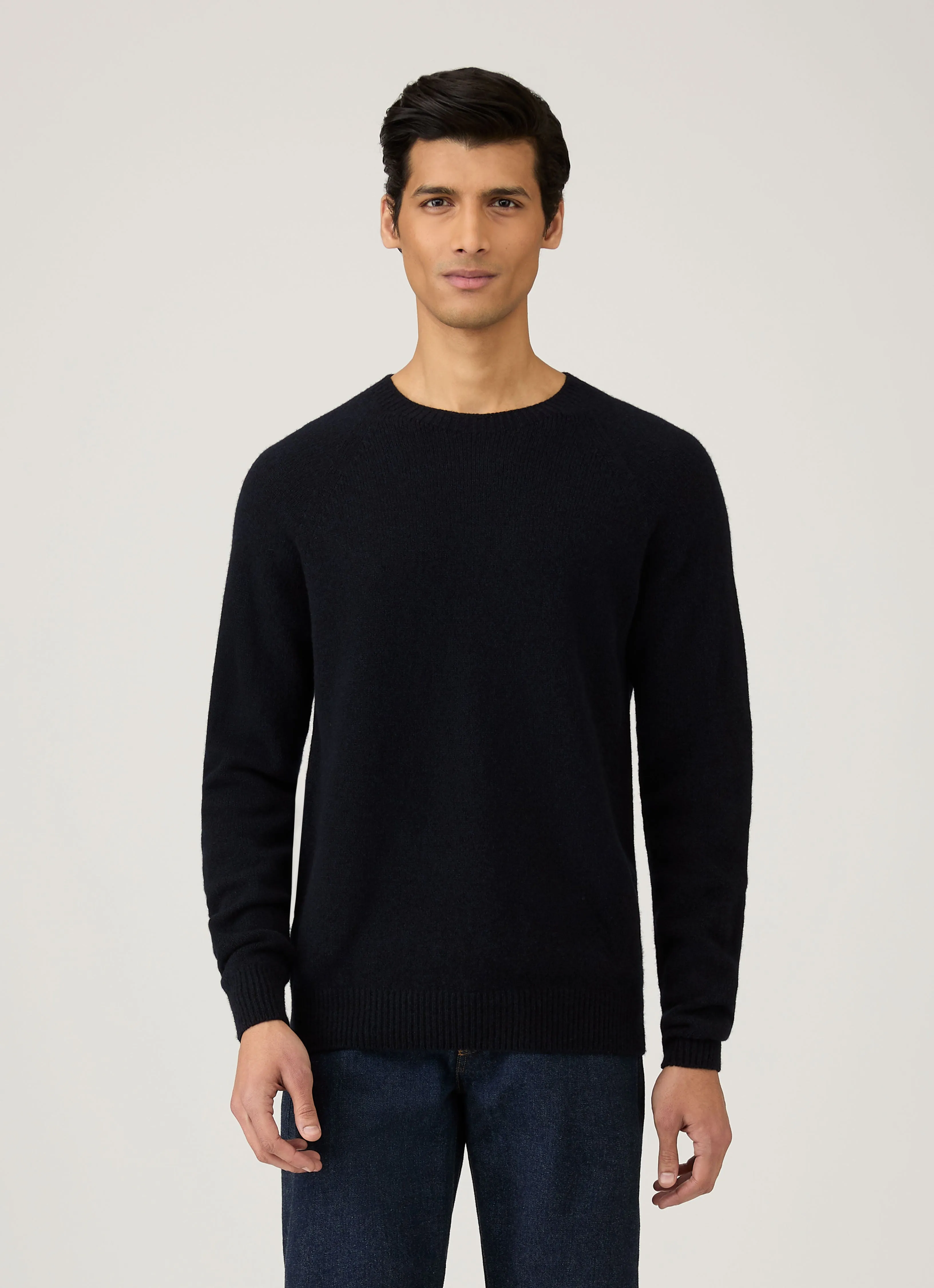 Multi purpose design Seamless Circular Knit Men's Lambswool Crew Neck Jumper in Dark Navy Mouline