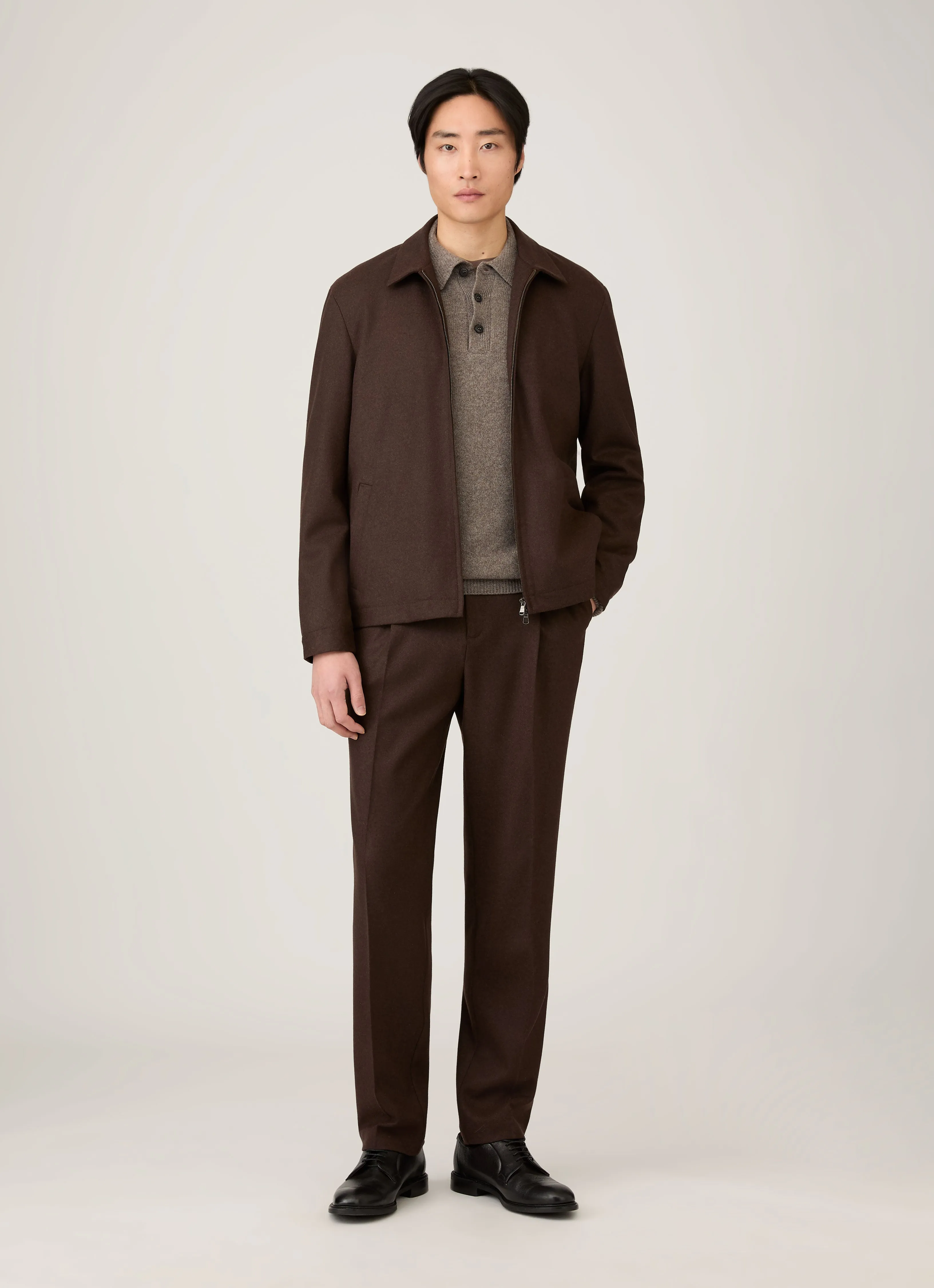 Light Weight Men's Lambswool Polo Shirt in Bark