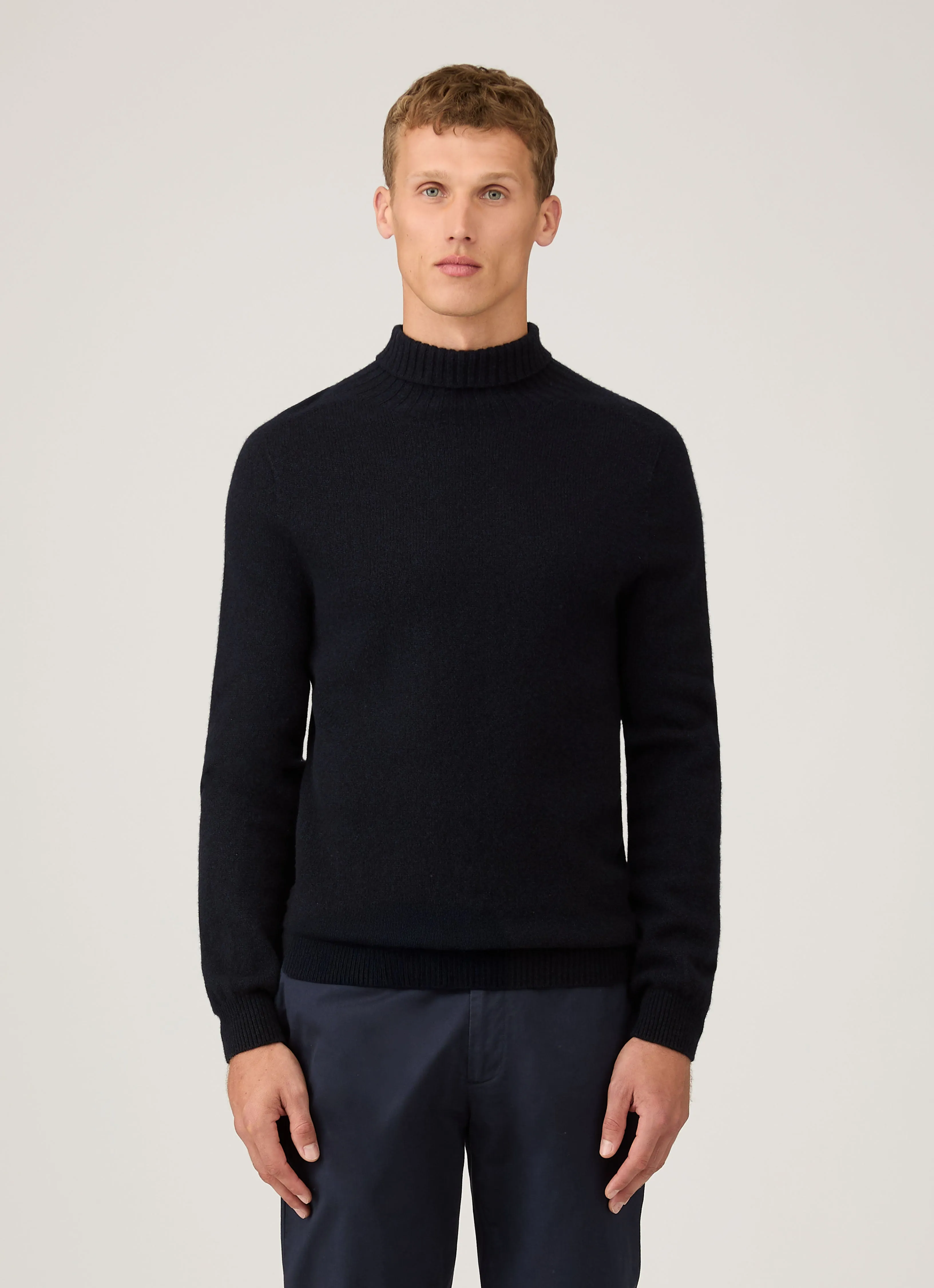 Mood Wear Compact Knit Structure Men's Lambswool Roll Neck in Dark Navy Mouline