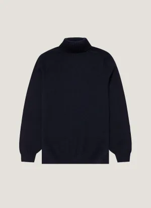 Men's Lambswool Roll Neck in Dark Navy Mouline Chunky Cable Knit