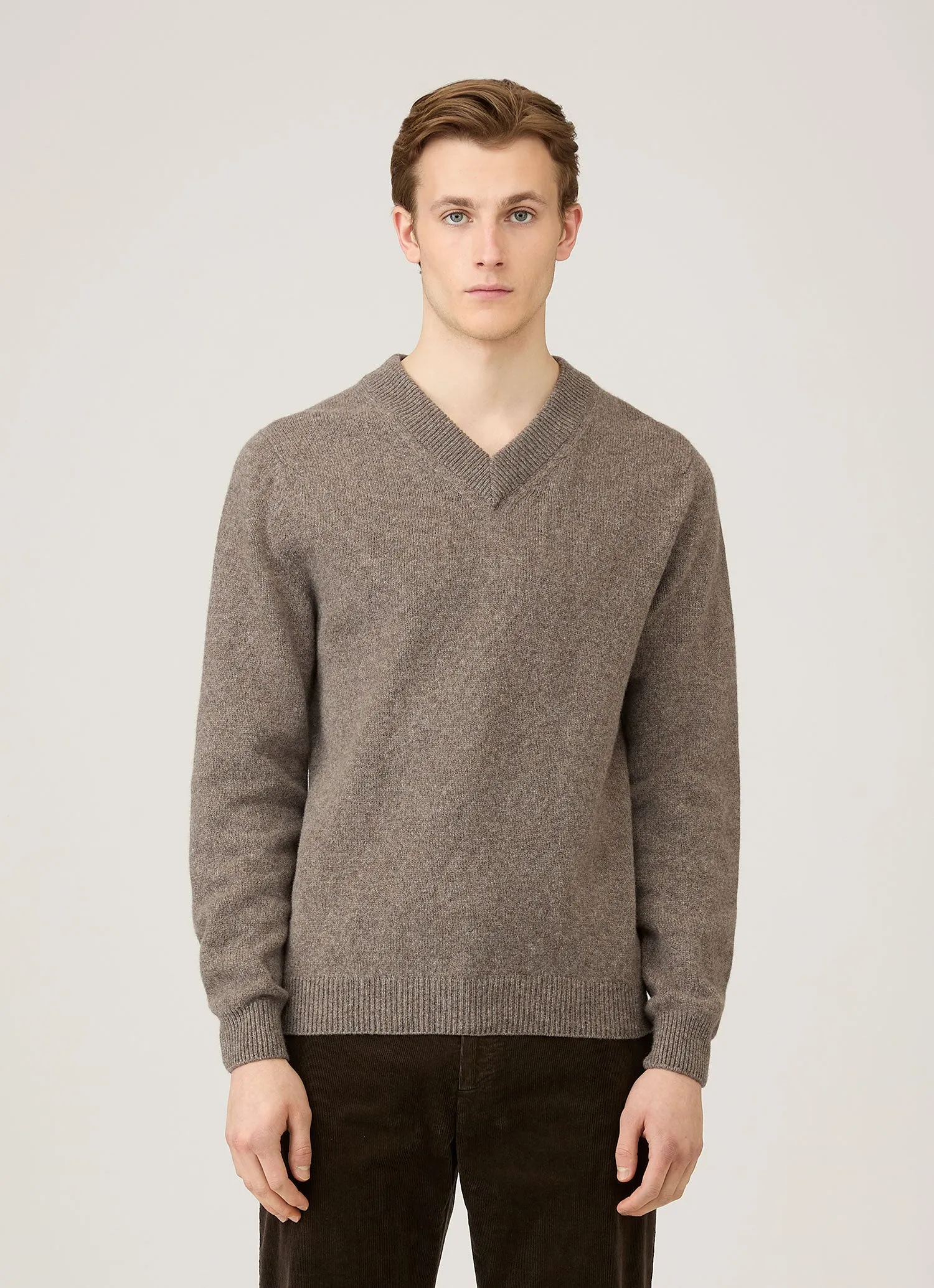 Men's Lambswool V-neck Jumper in Bark Ventilated Armhole Design