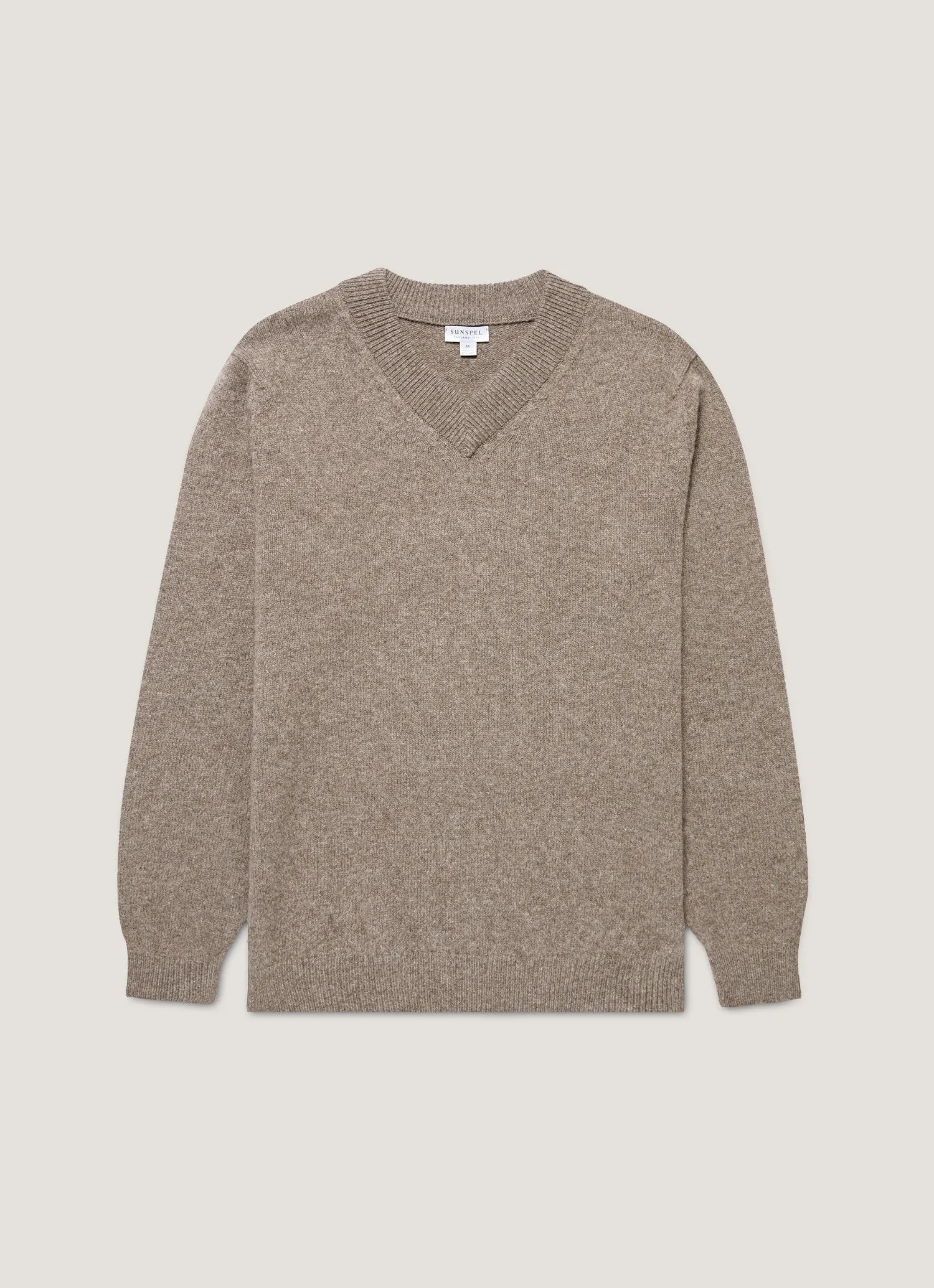 Men's Lambswool V-neck Jumper in Bark Non Irritating Edging Garment Dyed