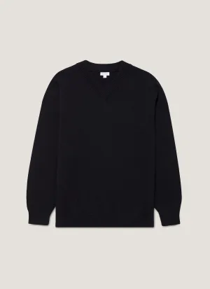 Men's Lambswool V-neck Jumper in Dark Navy Mouline Double Layered Cuffs