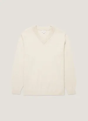 Dimensional Jacquard Weave Men's Lambswool V-neck Jumper in Oatmeal Melange