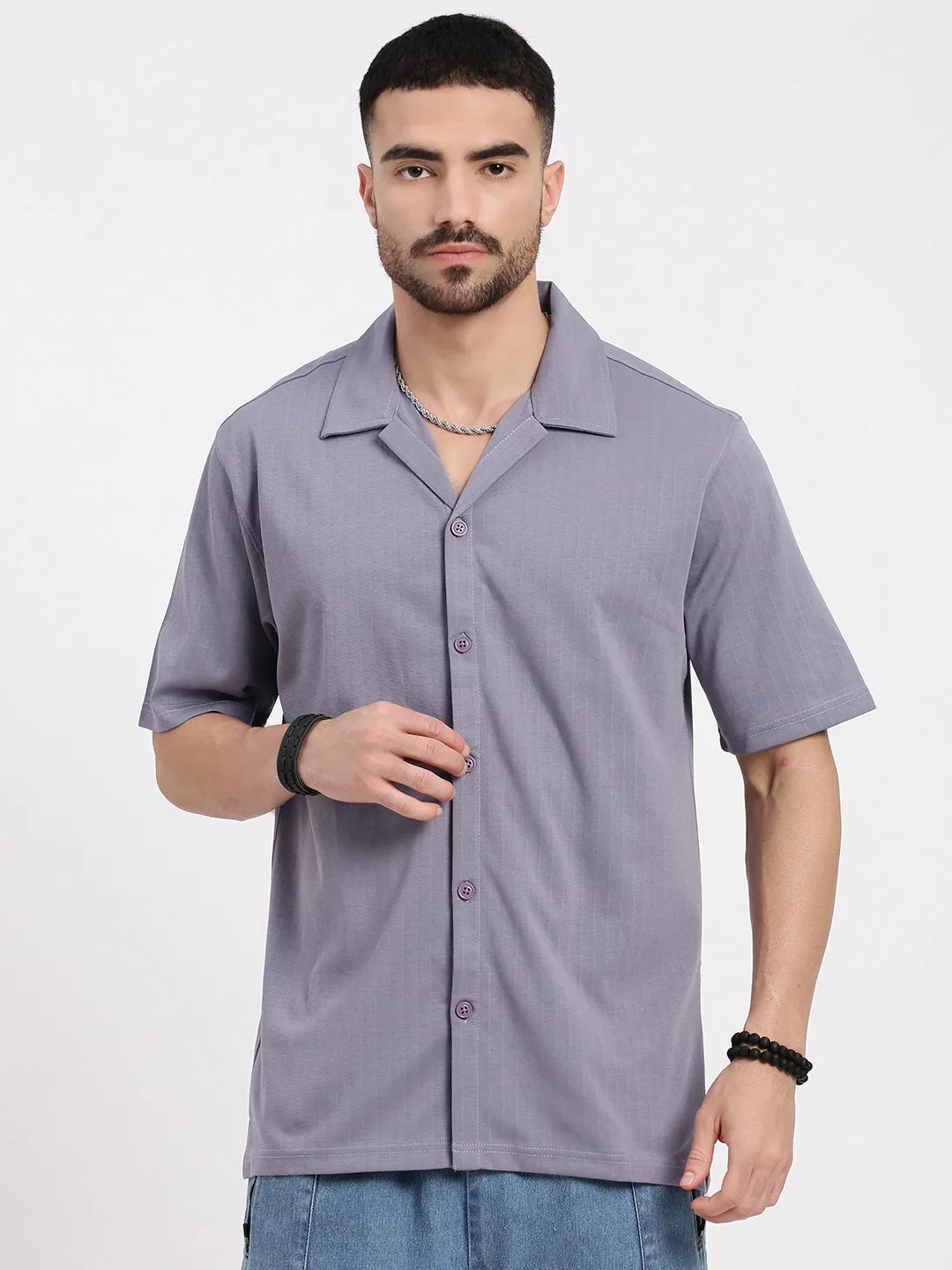 Men's Lavender Cuban Collar Solid Shirt WrinkleFree Fabric