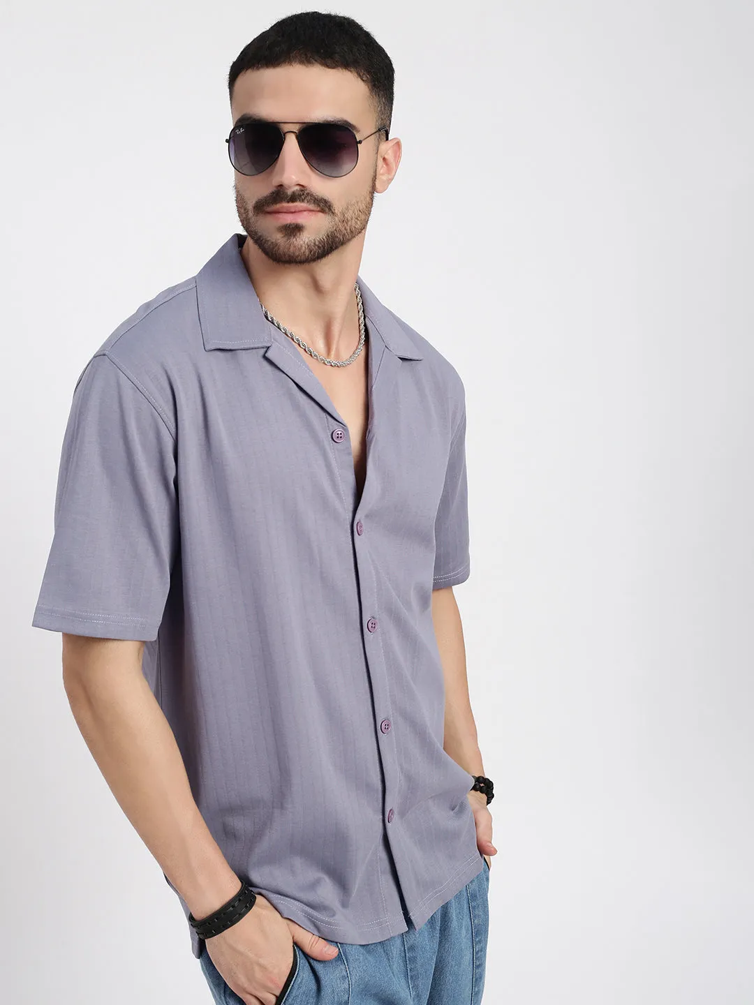 Men's Lavender Cuban Collar Solid Shirt Inner Glow