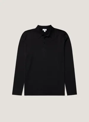 TemperatureRegulating Fabric Men's Long Sleeve Sea Island Cotton Knit Polo Shirt in Black