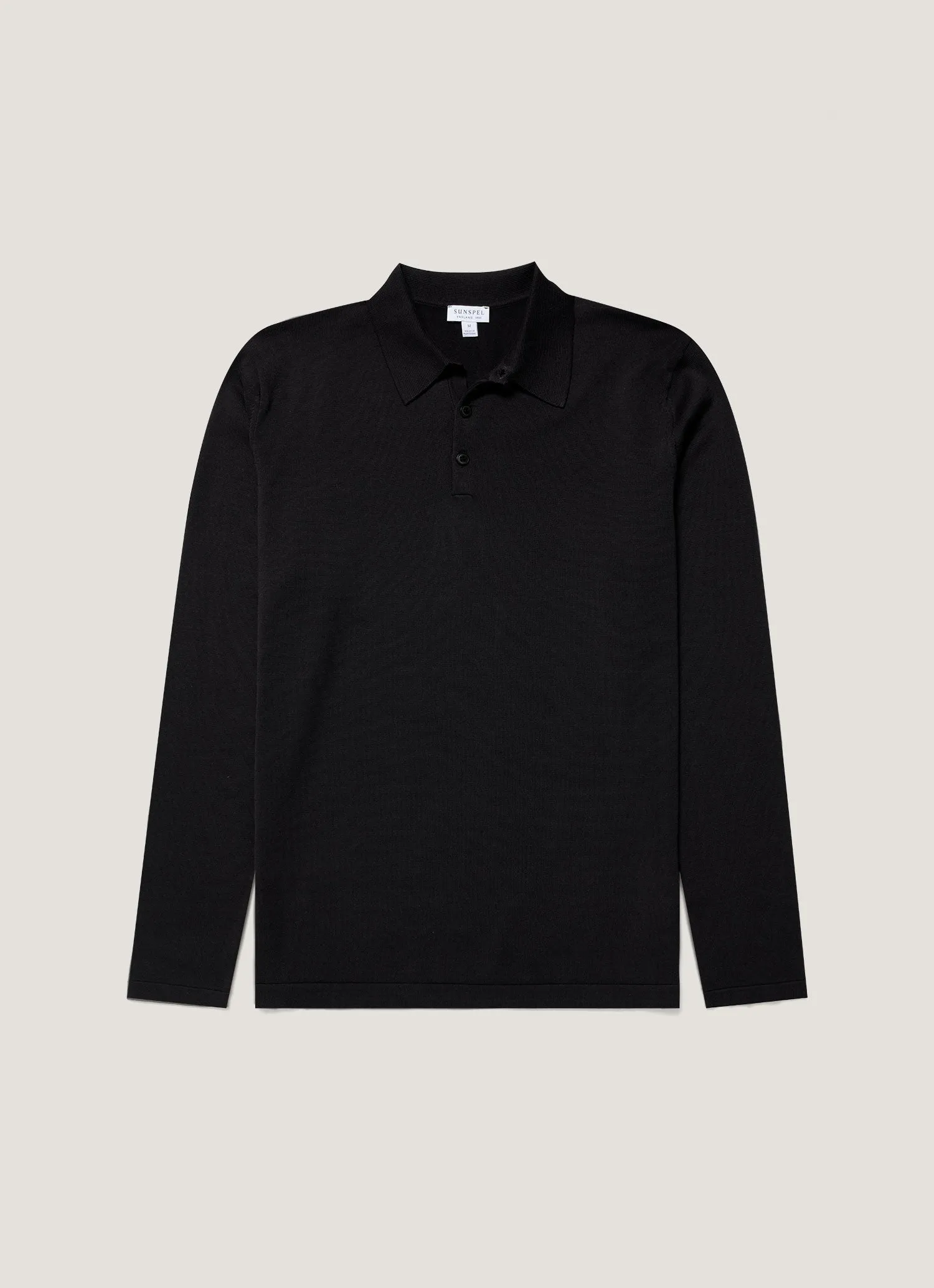 TemperatureRegulating Fabric Men's Long Sleeve Sea Island Cotton Knit Polo Shirt in Black