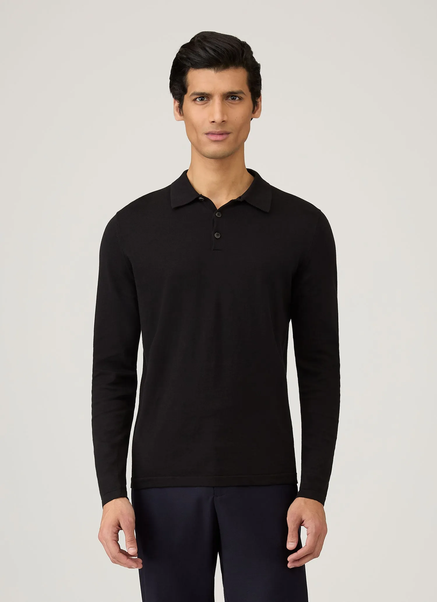 Ribbed collar Fall Fashion Men's Long Sleeve Sea Island Cotton Knit Polo Shirt in Black