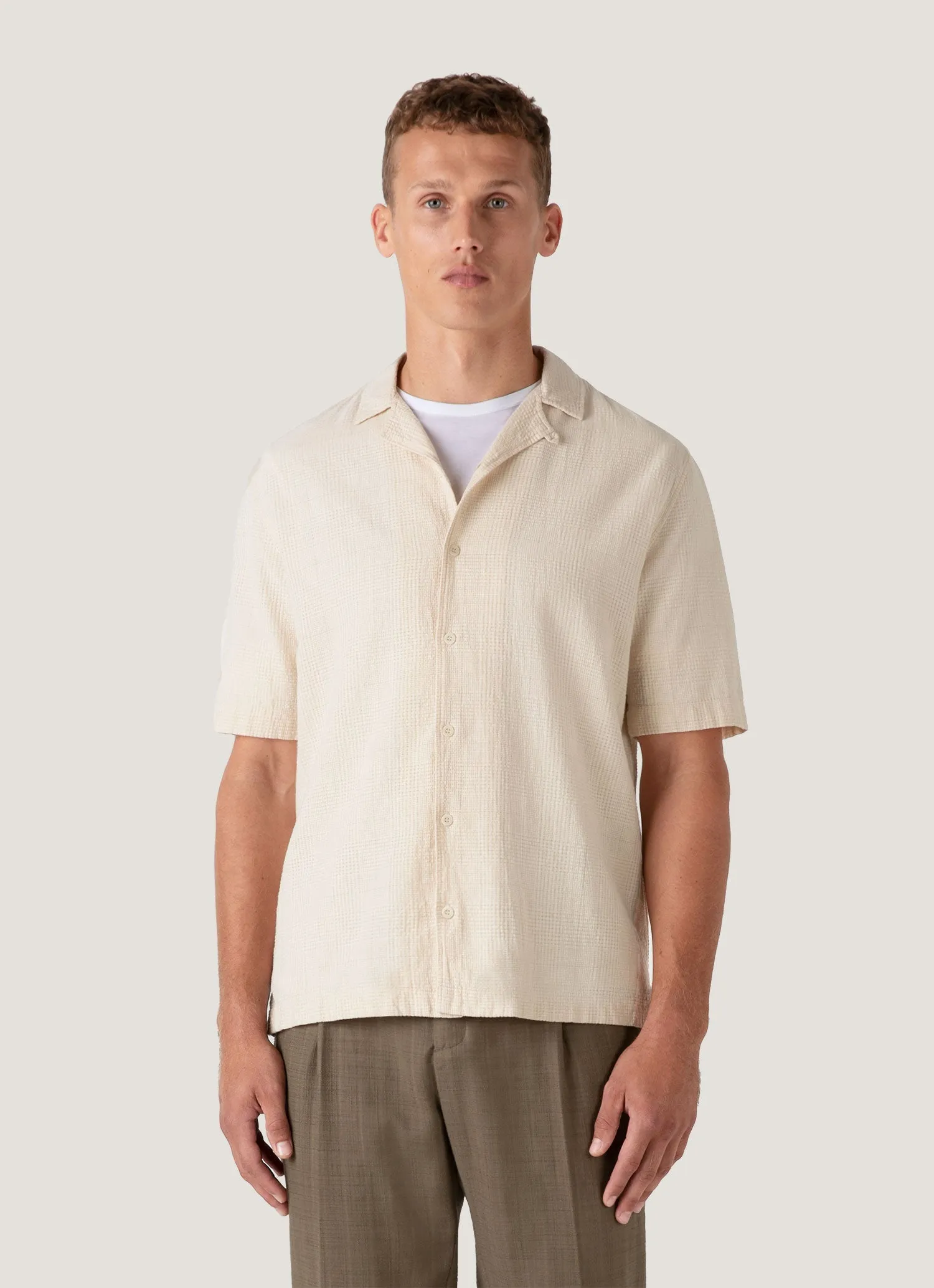 Men's Loose Weave Check Camp Collar Shirt in Ecru Multi Directional Stretch Versatile Comfort Style