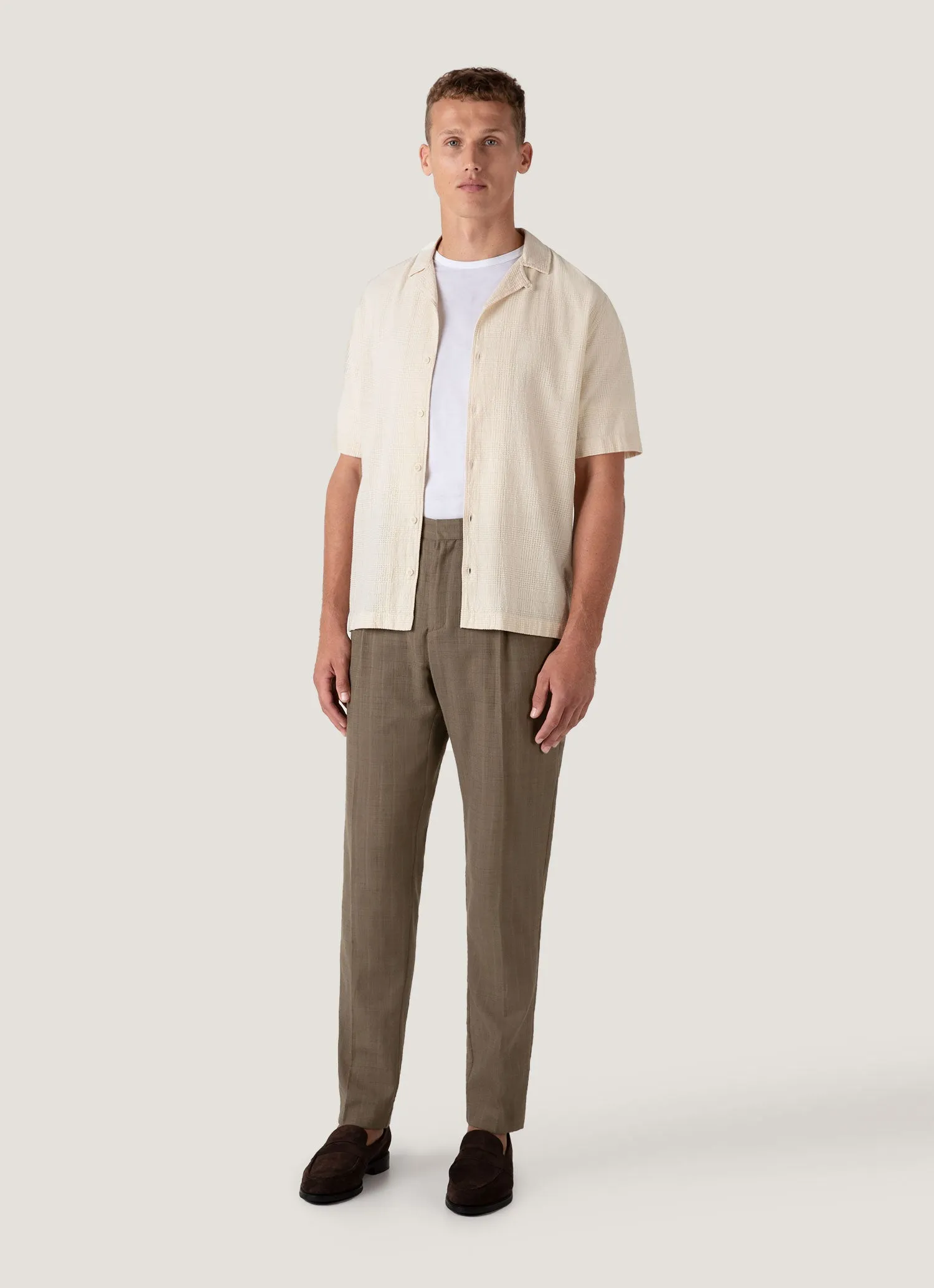 Quick-Drying Shirt Men's Loose Weave Check Camp Collar Shirt in Ecru