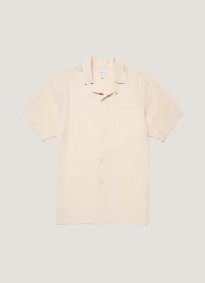 Men's Loose Weave Check Camp Collar Shirt in Ecru Cozy Waistband Fit for All Seasons