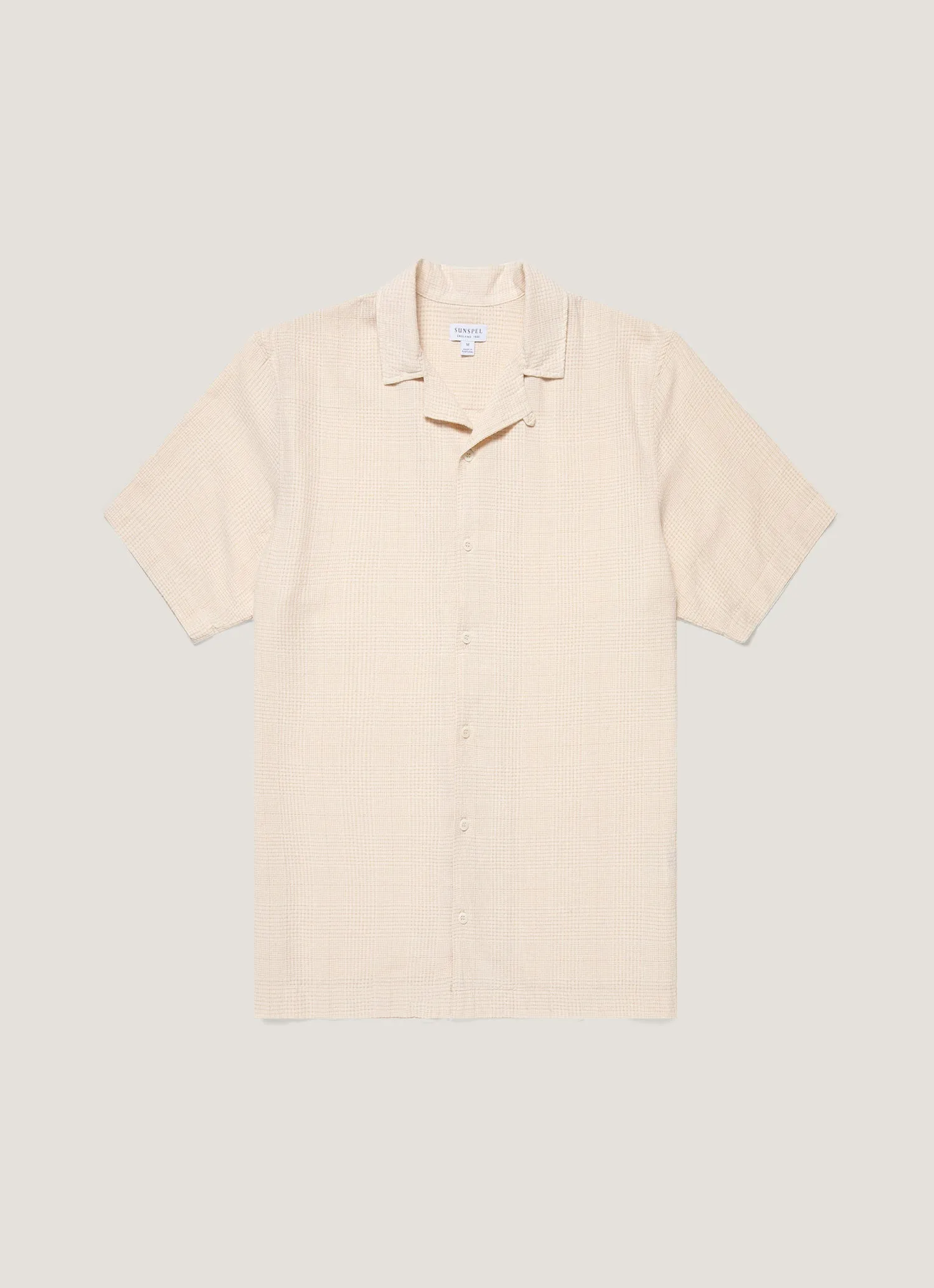 Men's Loose Weave Check Camp Collar Shirt in Ecru Cozy Waistband Fit for All Seasons