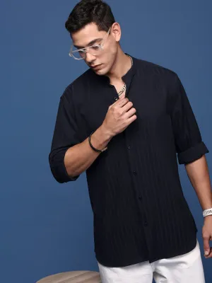 Men's Mandarin Collar Navy Blue Solid Slim Fit Shirt Casual Footwear